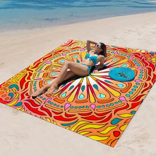 Surwin Stranddecke Sandfrei Wasserdicht, XXL Groß Strandmatte Faltbar Ultraleicht und Tragbar Picknickdecke für Strand, Camping, Outdoor (150x150cm,Mandala F) von Surwin