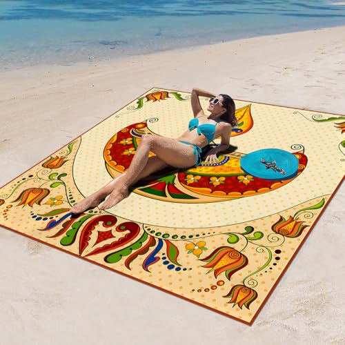 Surwin Stranddecke Sandfrei Wasserdicht, XXL Groß Strandmatte Faltbar Ultraleicht und Tragbar Picknickdecke für Strand, Camping, Outdoor (150x150cm,Marokkanisch C) von Surwin