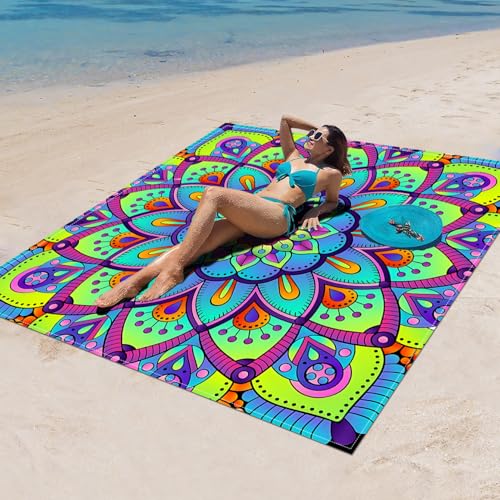 Surwin Stranddecke Sandfrei Wasserdicht, XXL Groß Strandmatte Faltbar Ultraleicht und Tragbar Picknickdecke für Strand, Camping, Outdoor (150x150cm,Nationales Mandala 1) von Surwin