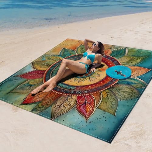Surwin Stranddecke Sandfrei Wasserdicht, XXL Groß Strandmatte Faltbar Ultraleicht und Tragbar Picknickdecke für Strand, Camping, Outdoor (150x150cm,Stilmuster 80) von Surwin