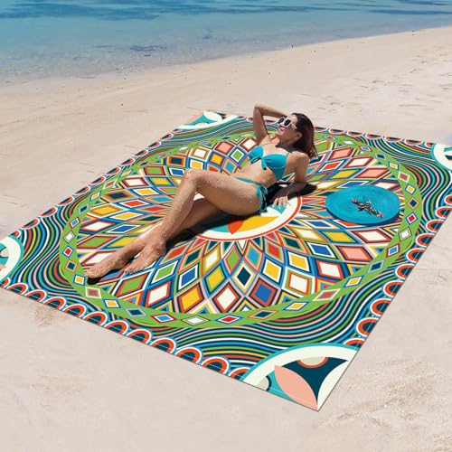 Surwin Stranddecke Sandfrei Wasserdicht, XXL Groß Strandmatte Faltbar Ultraleicht und Tragbar Picknickdecke für Strand, Camping, Outdoor (180x180cm,Elegantes Mandala 7) von Surwin
