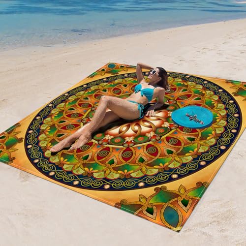 Surwin Stranddecke Sandfrei Wasserdicht, XXL Groß Strandmatte Faltbar Ultraleicht und Tragbar Picknickdecke für Strand, Camping, Outdoor (180x180cm,Retro B) von Surwin