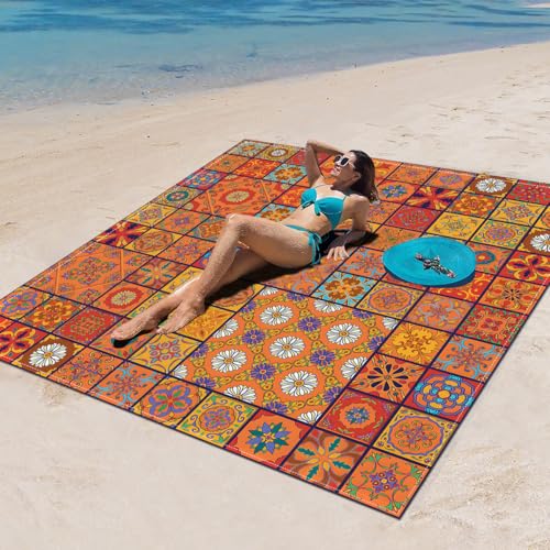 Surwin Stranddecke Sandfrei Wasserdicht, XXL Groß Strandmatte Faltbar Ultraleicht und Tragbar Picknickdecke für Strand, Camping, Outdoor (180x180cm,Retro-Eleganz D) von Surwin
