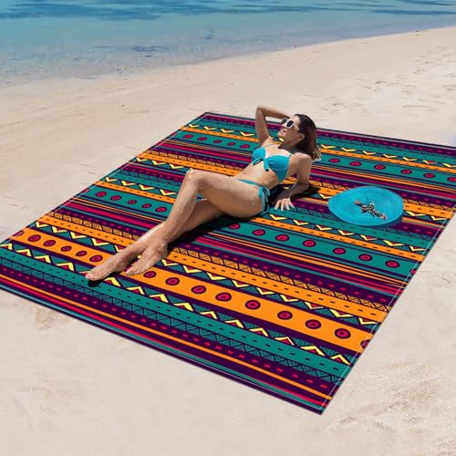 Surwin Stranddecke Sandfrei Wasserdicht, XXL Groß Strandmatte Faltbar Ultraleicht und Tragbar Picknickdecke für Strand, Camping, Outdoor (180x180cm,Retro-Stamm 9) von Surwin