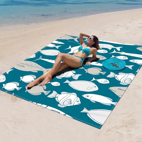 Surwin Stranddecke Sandfrei Wasserdicht, XXL Groß Strandmatte Faltbar Ultraleicht und Tragbar Picknickdecke für Strand, Camping, Outdoor (180x180cm,Weißer Fisch) von Surwin