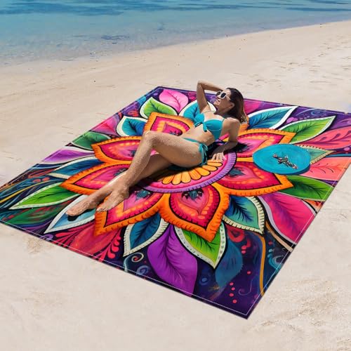 Surwin Stranddecke Sandfrei Wasserdicht, XXL Groß Strandmatte Faltbar Ultraleicht und Tragbar Picknickdecke für Strand, Camping, Outdoor (200x200cm,Elegantes Mandala 4) von Surwin