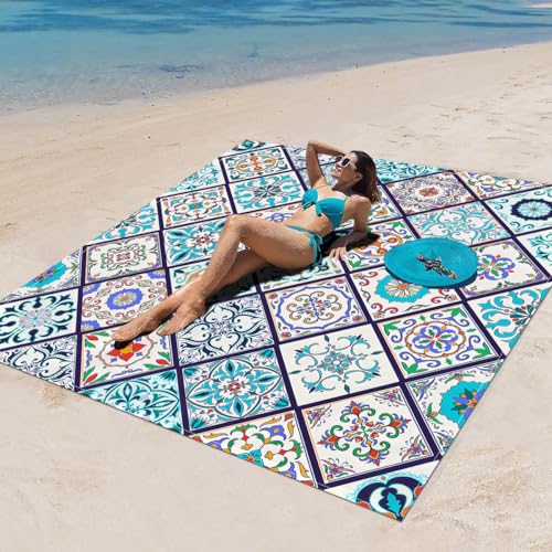 Surwin Stranddecke Sandfrei Wasserdicht, XXL Groß Strandmatte Faltbar Ultraleicht und Tragbar Picknickdecke für Strand, Camping, Outdoor (200x200cm,Retro-Eleganz G) von Surwin
