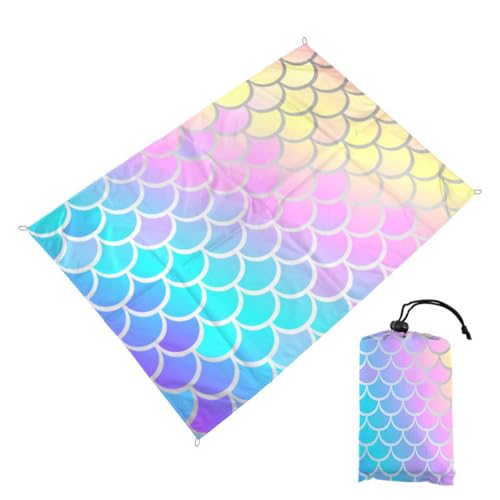 Surwin Stranddecke Sandfrei Wasserdicht, XXL Groß Strandmatte Faltbar Ultraleicht und Tragbar Picknickdecke mit Tragetasche & 4 Heringen für Strand, Camping, Outdoor (140x200cm,Fischschuppen) von Surwin