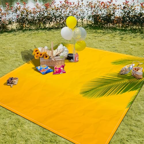 Surwin Stranddecke Sandfrei Wasserdicht Stranddecke Groß, Strandmatte Mandala Ultraleicht und Tragbar Picknickdecke mit Tragetasche & 4 Heringen für Strand, Camping (Sonnenuntergangs gelb,200x200cm) von Surwin