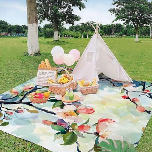 Surwin Stranddecke Sandfrei Wasserdicht Stranddecke Groß, Strandmatte Ultraleicht und Tragbar Picknickdecke mit Tragetasche & 4 Heringen für Strand, Camping, Outdoor (Rosa Hibiskus,200x200cm) von Surwin
