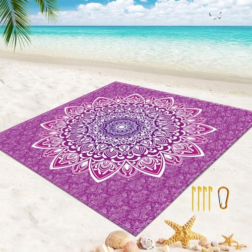 Surwin Stranddecke Sandfrei Wasserdicht Stranddecke XXL Strandmatte Faltbar Ultraleicht und Tragbar Picknickdecke mit 4 Heringen für Strand Camping Outdoor, 3D Mandala Bunt (Lila,200x200cm) von Surwin