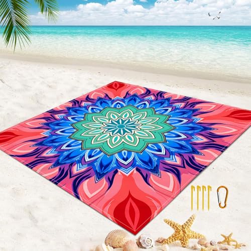 Surwin Stranddecke Sandfrei Wasserdicht Stranddecke XXL Strandmatte Faltbar Ultraleicht und Tragbar Picknickdecke mit 4 Heringen für Strand Camping Outdoor, 3D Mandala Bunt (Rot,150x150cm) von Surwin