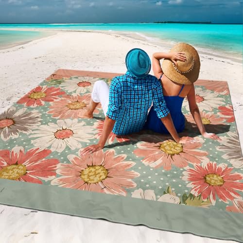 Surwin Stranddecke Sandfrei Wasserdicht Stranddecke XXL Strandmatte Faltbar Ultraleicht und Tragbar Picknickdecke mit 4 Heringen für Strand Camping Outdoor, Druck (Gänseblümchen,200x200cm) von Surwin