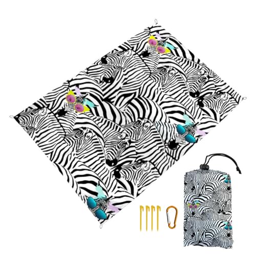 Surwin Stranddecke Sandfrei Wasserdicht Stranddecke XXL Strandmatte Faltbar Ultraleicht und Tragbar Picknickdecke mit Tragetasche & 4 Heringen für Strand Camping, 3D Pflanze (Zebra,100x140cm) von Surwin