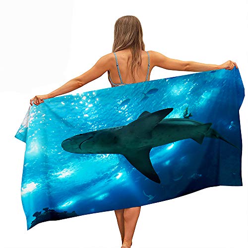 Surwin Strandhandtuch Mikrofaser, 3D Blau Ozean Hai Drucken Strandtuch Sommer Strandtücher Leicht Schnelltrocknend Sand Proof Handtücher Handtuch für Strand Schwimmen (Hai 4,150x180cm) von Surwin