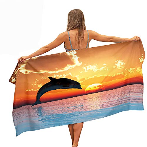 Surwin Strandhandtuch Mikrofaser, Strandtuch Sommer Strandtücher Leicht Schnelltrocknend Sand Proof Saugfähig Handtücher Handtuch für Strand Schwimmen, 3D Drucken (Sonnenuntergang Delfin,70x150cm) von Surwin