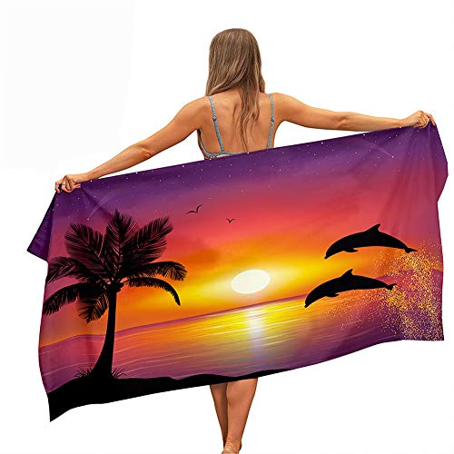 Surwin Strandhandtuch Mikrofaser,Springen Delfin Drucken Strandtuch Sommer Strandtücher Leicht Schnelltrocknend Sand Proof Saugfähig Handtücher für Reise Schwimmen (Sonnenuntergang,80x160cm) von Surwin