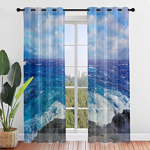 Surwin Strandlandschaft Druck Vorhänge, 2 Stück Gardinen mit Ösen, Modern Transparent Vorhänge Wohnzimmer Polyester Gardinen Küche Fenster Wohnzimmer Schlafzimmer (132x182cm,Wellen) von Surwin