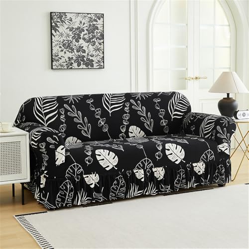 Surwin Stretch Sofabezug 1 2 3 4 Sitzer, Elastische Spandex Couch Überzug mit Rock rutschfest Couchbezug Sofaschoner Universal Pflanze für Wohnzimmer Protector Hunde Katze (Schwarz,3 Sitzer) von Surwin