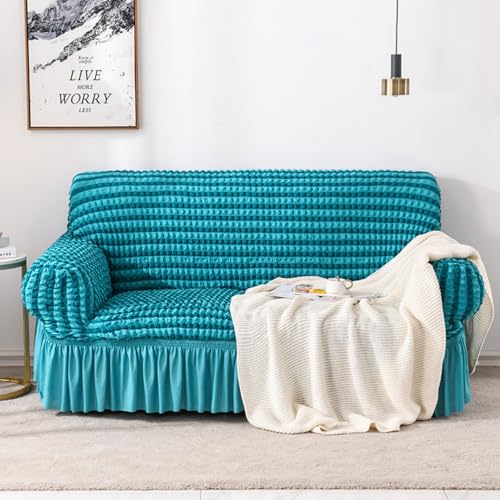 Surwin Stretch Sofabezug 1 2 3 4 Sitzer, Elastische Spandex Couch Überzug mit Rock rutschfest Couchbezug Sofaschoner Universal für Wohnzimmer Protector Hunde Katze-Einfarbig (Blaugrün,2 Sitzer) von Surwin