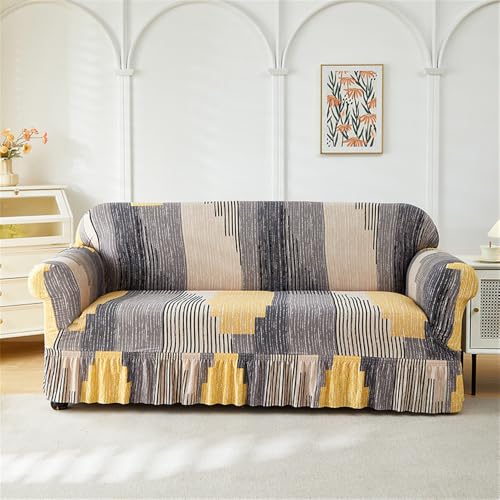 Surwin Stretch Sofabezug 1 2 3 Sitzer, Elastische Spandex Couch Überzug mit Rock rutschfest Couchbezug Sofaschoner für Wohnzimmer Protector Hunde Katze -Chinesischer Stil (Gelb,1 Sitzer) von Surwin
