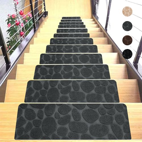 Surwin Stufenmatten 15 Stück, Kieselsteinchen Drucken Treppenstufen Matten Treppen Stufenmatten Selbstklebend Innen Stufenmatte Teppich Treppenteppich Stufenteppich (Dunkelgrau,19x55cm) von Surwin