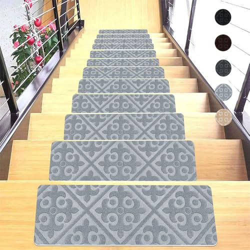 Surwin Stufenmatten 15 Stück, Nordischer Stil Treppenstufen Matten Treppen Stufenmatten Selbstklebend Innen Stufenmatte Teppich Treppenteppich Stufenteppich (19x55cm,Grau) von Surwin
