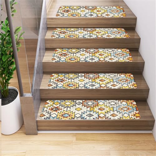 Surwin Stufenmatten rutschfest Treppenstufen Matten mit Klassiker Geometrie Stil, Weich Rechteckig Innen Stufenteppich Gummirücken Treppenteppich Stufenteppich Treppenmatten (10 Stück,Gelb) von Surwin