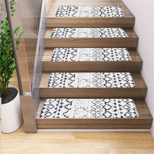 Surwin Stufenmatten rutschfest Treppenstufen Matten mit Klassiker Geometrie Stil, Weich Rechteckig Innen Stufenteppich Gummirücken Treppenteppich Stufenteppich Treppenmatten (10 Stück,Weiß) von Surwin