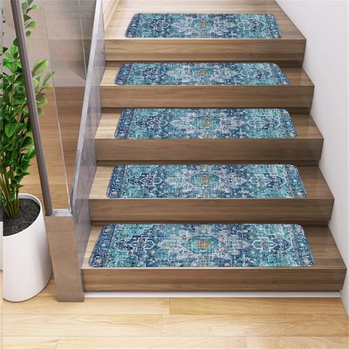 Surwin Stufenmatten rutschfest Treppenstufen Matten mit Persischer Ethnostil, Weich Rechteckig Innen Stufenteppich Gummirücken Treppenteppich Stufenteppich Treppenmatten (10 Stück,Blau) von Surwin