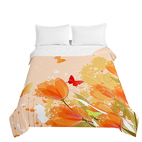 Surwin Tagesdecke Bettüberwurf Nordische Florale Tulpe Steppdecke Gesteppt Tagesdecken aus Leicht Weich Mikrofaser Sommer Komfort Cool Quilt für Doppelbett/Einzelbett (200x230cm,Orange) von Surwin