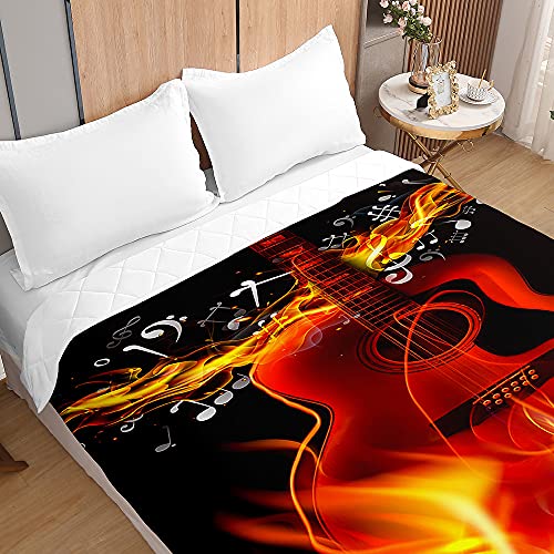 Surwin Tagesdecke Bettüberwurf Steppdecke für Doppelbett Einzelbett, Mikrofaser Wattiert Gesteppt Bettdecke 3D Gitarre Druck Dünne Tagesdecken mit Ultraschall Prägung (Feuer,200x230cm) von Surwin