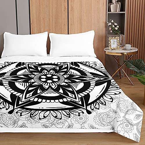 Surwin Tagesdecke Bettüberwurf Steppdecke für Doppelbett Einzelbett, Mikrofaser Wattiert Gesteppt Bettdecke 3D Mandala Druck Dünne Tagesdecken mit Ultraschall Prägung (Schwarz-Weiss,180x220cm) von Surwin