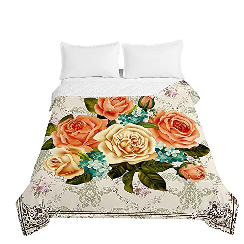 Surwin Tagesdecke Bettüberwurf Steppdecke für Doppelbett Einzelbett, Mikrofaser Wattiert Gesteppt Bettdecke 3D Rose Druck Dünne Tagesdecken mit Ultraschall Prägung (Champagner Gold,150x200cm) von Surwin