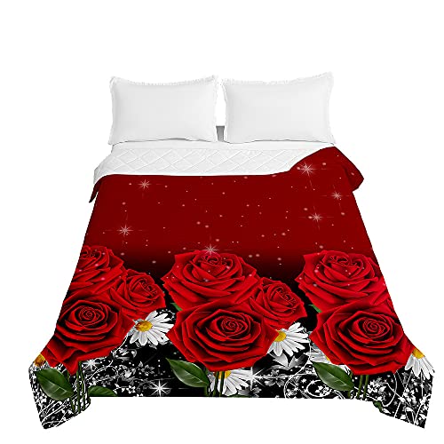 Surwin Tagesdecke Bettüberwurf Steppdecke für Doppelbett Einzelbett, Mikrofaser Wattiert Gesteppt Bettdecke 3D Rose Druck Dünne Tagesdecken mit Ultraschall Prägung (Leuchtendes Rot,180x220cm) von Surwin