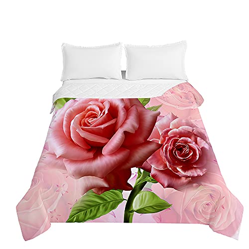 Surwin Tagesdecke Bettüberwurf Steppdecke für Doppelbett Einzelbett, Mikrofaser Wattiert Gesteppt Bettdecke 3D Rose Druck Dünne Tagesdecken mit Ultraschall Prägung (Rosa erröten,200x230cm) von Surwin