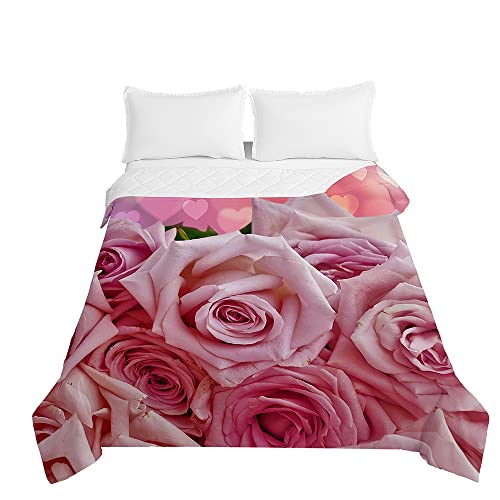 Surwin Tagesdecke Bettüberwurf Steppdecke für Doppelbett Einzelbett, Mikrofaser Wattiert Gesteppt Bettdecke 3D Rosendruck Dünne Tagesdecken mit Ultraschall Genäht (Hell-Pink,180x220cm) von Surwin