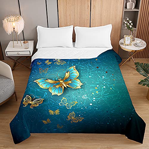 Surwin Tagesdecke Bettüberwurf Steppdecke für Doppelbett Einzelbett, Mikrofaser Wattiert Gesteppt Bettdecke 3D Schmetterling Dünne Tagesdecken mit Ultraschall Prägung (Cyan-Gold,220x240cm) von Surwin