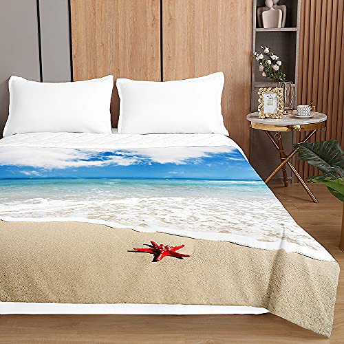 Surwin Tagesdecke Bettüberwurf Steppdecke für Doppelbett Einzelbett, Mikrofaser Wattiert Gesteppt Bettdecke 3D Seestern Druck Dünne Tagesdecken mit Ultraschall Prägung (Blaues Meer,220x240cm) von Surwin