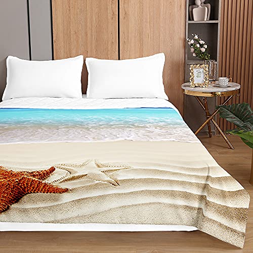 Surwin Tagesdecke Bettüberwurf Steppdecke für Doppelbett Einzelbett, Mikrofaser Wattiert Gesteppt Bettdecke 3D Seestern Druck Dünne Tagesdecken mit Ultraschall Prägung (Sandstrand,220x240cm) von Surwin