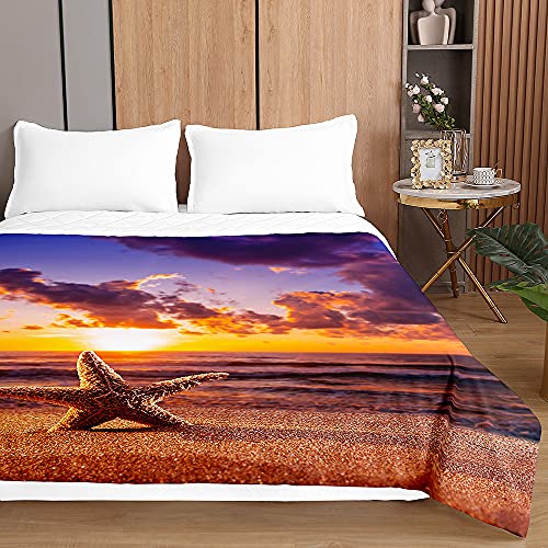 Surwin Tagesdecke Bettüberwurf Steppdecke für Doppelbett Einzelbett, Mikrofaser Wattiert Gesteppt Bettdecke 3D Seestern Druck Dünne Tagesdecken mit Ultraschall Prägung (Sonnenaufgang,180x220cm) von Surwin