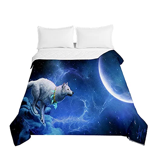 Surwin Tagesdecke Bettüberwurf Steppdecke für Doppelbett Einzelbett, Mikrofaser Wattiert Gesteppt Bettdecke 3D Wolf Druck Dünne Tagesdecken mit Ultraschall genäht (Weißer Wolf,230x260cm) von Surwin