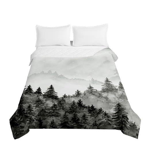 Surwin Tagesdecke Bettüberwurf Steppdecke für Doppelbett Einzelbett, Mikrofaser Wattiert Gesteppt Bettdecke Sommer Dünne Tagesdecken mit Ultraschall Genäht, 3D Nebliger Wald (Weiß,230x260cm) von Surwin