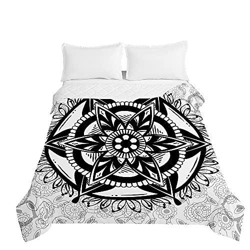 Surwin Tagesdecke Bettüberwurf Steppdecke für Doppelbett Einzelbett, Mikrofaser Wattiert Gesteppt Bettdecke Vintage-Mandala Tagesdecken mit Ultraschall Prägung (Schwarze Mandala-Blume,180x220cm) von Surwin