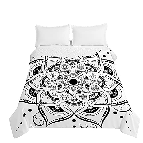 Surwin Tagesdecke Bettüberwurf Steppdecke für Doppelbett Einzelbett,Mikrofaser Wattiert Gesteppt Bettdecke 3D Mandala Druck Dünne Tagesdecken mit Ultraschall Prägung (Weißer Lotus,100x150cm) von Surwin