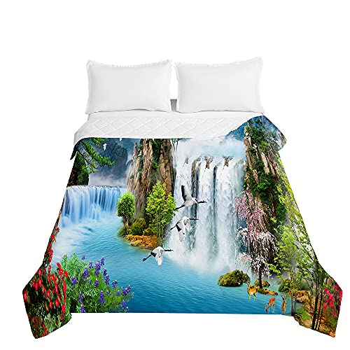 Surwin Tagesdecke Bettüberwurf Steppdecke für Doppelbett Einzelbett,Mikrofaser Wattiert Gesteppt Bettdecke 3D Wasserfall Druck Dünne Tagesdecken mit Ultraschall Prägung (Fliegende Gans,180x220cm) von Surwin