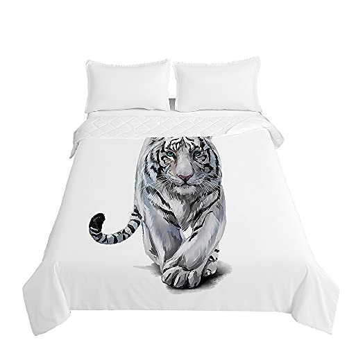 Surwin Tagesdecken Bettüberwurf aus Mikrofaser, 3D Tier Tiger Drucken Gesteppt Steppdecke für Doppelbett Einzelbett oder Kinder, Sommer Komfort Prägung Tagesdecken (Weiß,150x200cm) von Surwin