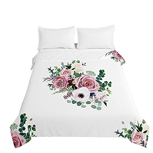 Surwin Tagesdecken Mikrofaser Schlafzimmer Bettüberwurf, 3D Skandinavien Rose Bedruckte Gesteppt Steppdecke für Doppelbett Einzelbett, Sommer Komfort Weich Tagesdecken (Weiß Nordisch,180x220cm) von Surwin