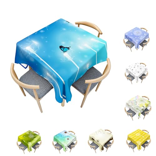 Surwin Tischdecke Abwaschbar Quadratisch, Modern Löwenzahn Gedruckte Tischdecke Quadratisch, für Wohnzimmer, Esszimmer, Balkon, Garten, Party, Hochzeiten Oder Haushalt (Blauer Schmetterling,100x100cm) von Surwin