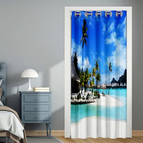 Surwin Türvorhang Blickdicht mit Ösen, Vorhang Thermovorhang Kälteschutz Verdunkelungsvorhang Gardinen Wohnzimmer auch für Schlafzimmer Garderobenstangen -Kokosnussbaum (Strand,80x150cm) von Surwin